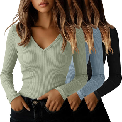 Ficerd 3 Pack Women's Long Sleeve T Shirts Cotton V Neck Slim Fit Tops Ribbed Knit Layering Casual Basic Tees Fall