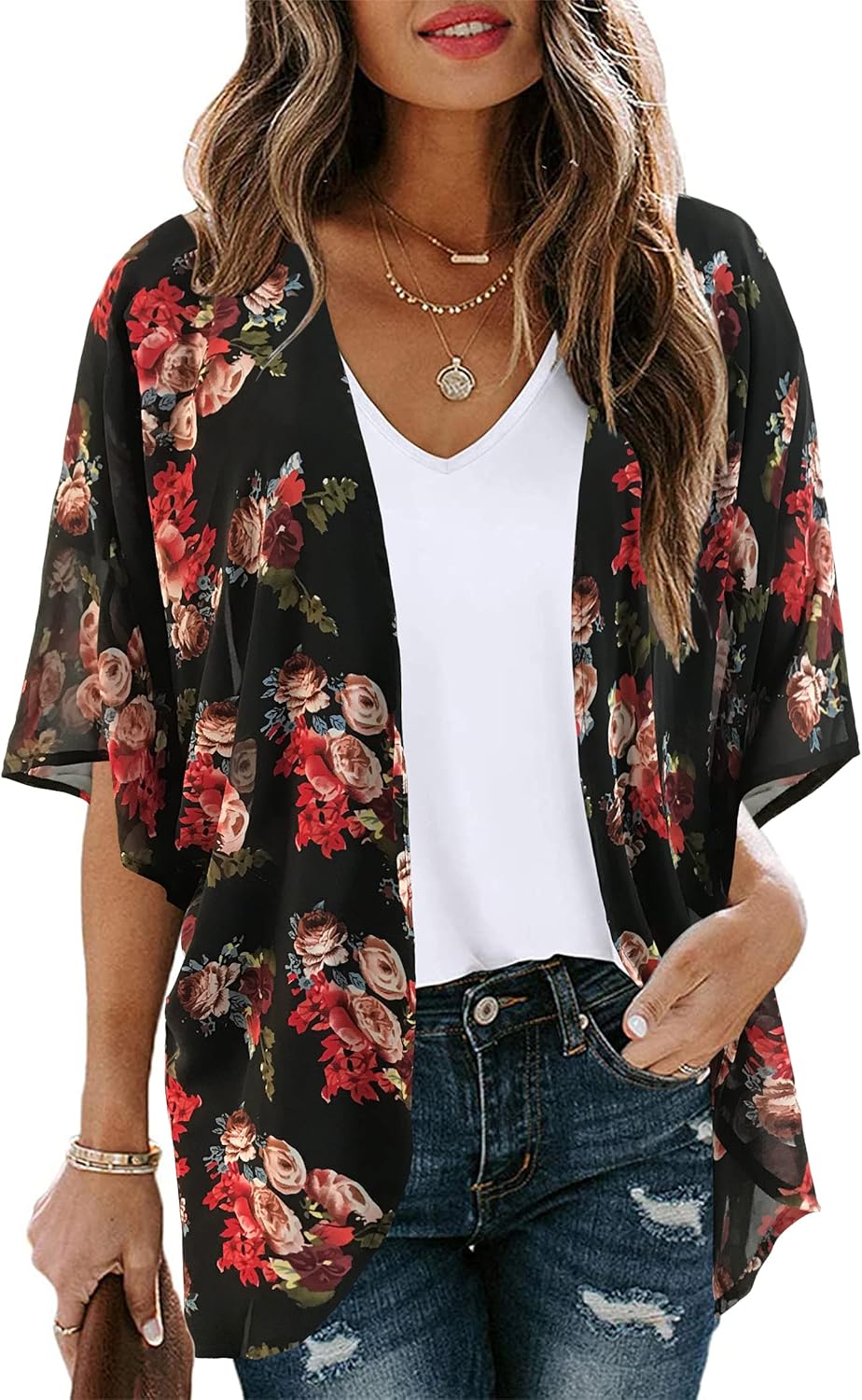 Women's Floral Print Puff Sleeve Kimono Cardigan Loose Cover Up Casual Blouse Tops 2026
