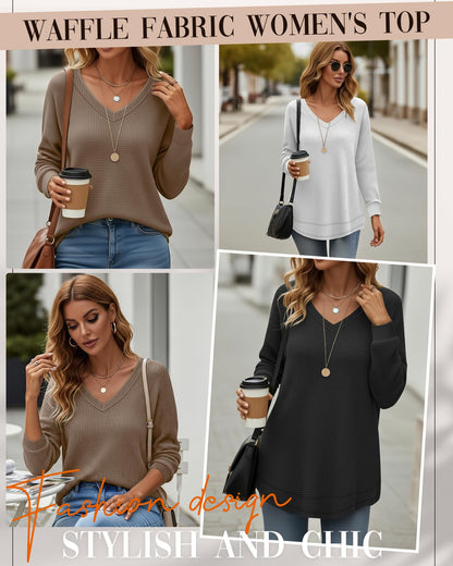 3 Pack Women's Waffle Knit Tunic Tops for Leggings Long Sleeve V Neck Sweatshirts Curved Hem Shirts 2026 Trendy