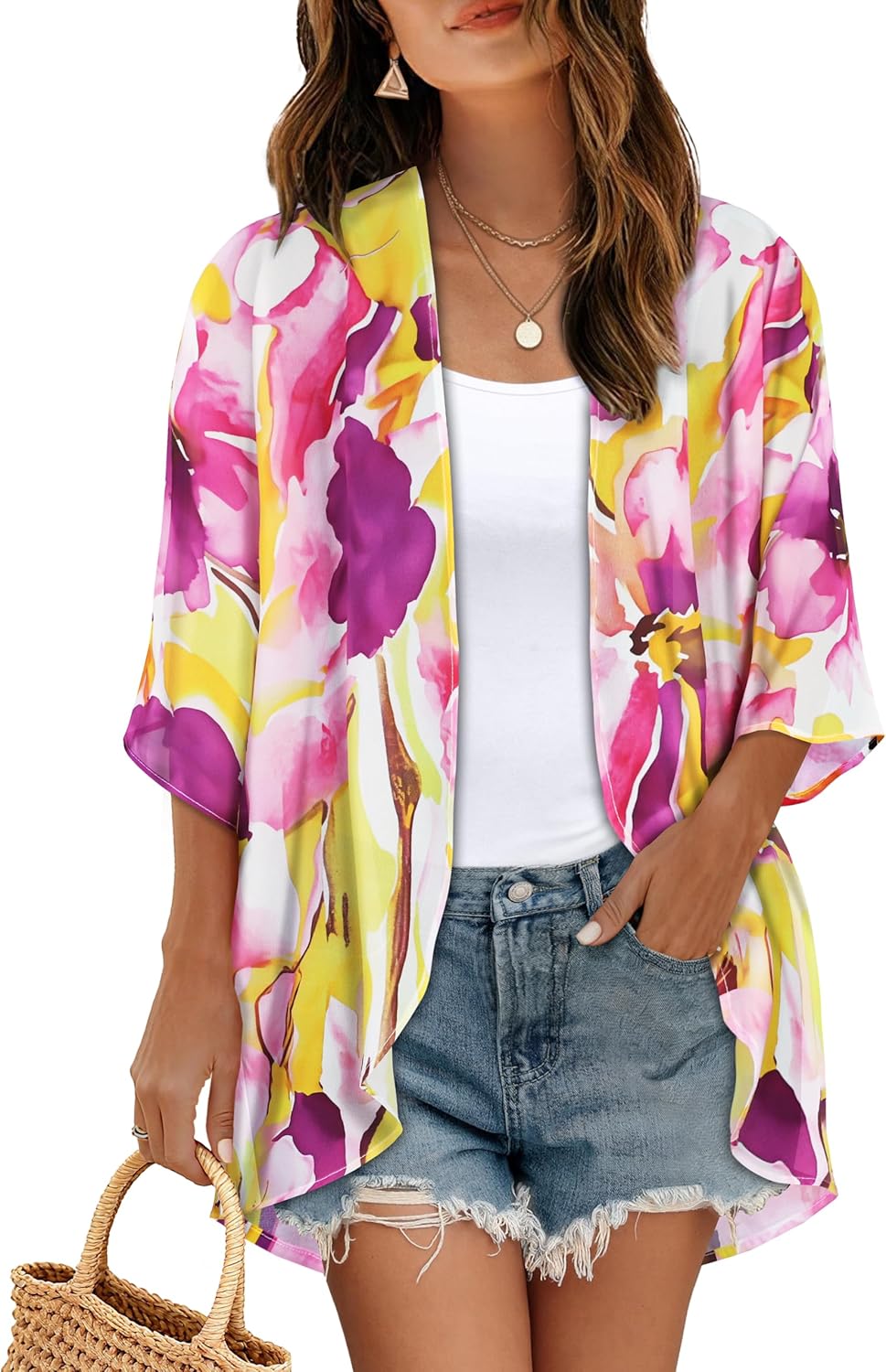 Women's Floral Print Puff Sleeve Kimono Cardigan Loose Cover Up Casual Blouse Tops 2026