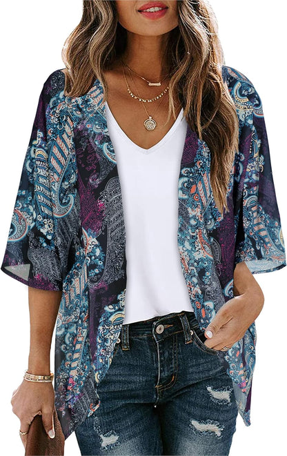 Women's Floral Print Puff Sleeve Kimono Cardigan Loose Cover Up Casual Blouse Tops 2026
