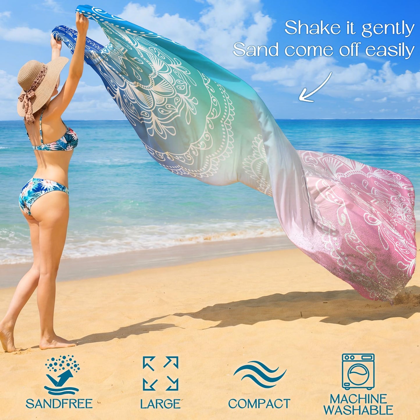 BYDOLL Beach Blanket Waterproof Sandproof Large Sand Free,78''X81''/10'X9' Oversized Sandless Lightweight Blanket Picnic Mat for Beach Travel Camping Hiking with Stakes