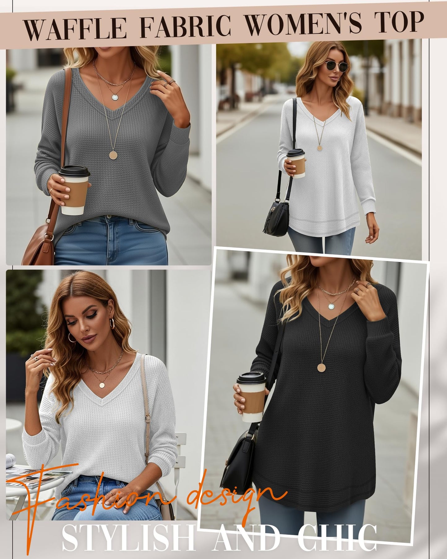 3 Pack Women's Waffle Knit Tunic Tops for Leggings Long Sleeve V Neck Sweatshirts Curved Hem Shirts 2026 Trendy