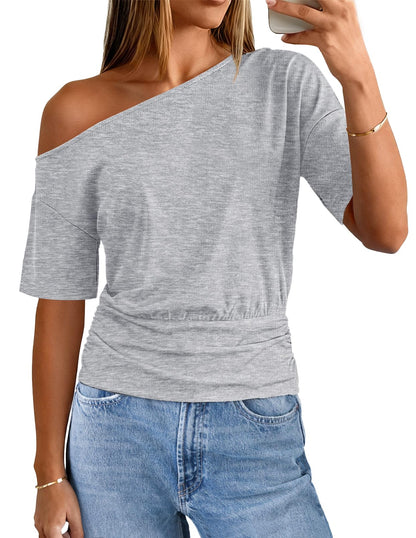 MEROKEETY Women's Off The Shoulder Short Sleeve Tops 2026 Summer Casual Going Out Trendy Y2k T Shirts
