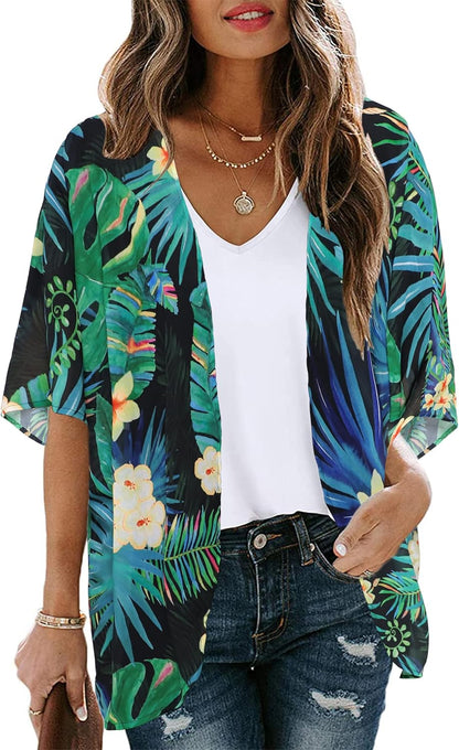 Women's Floral Print Puff Sleeve Kimono Cardigan Loose Cover Up Casual Blouse Tops 2026