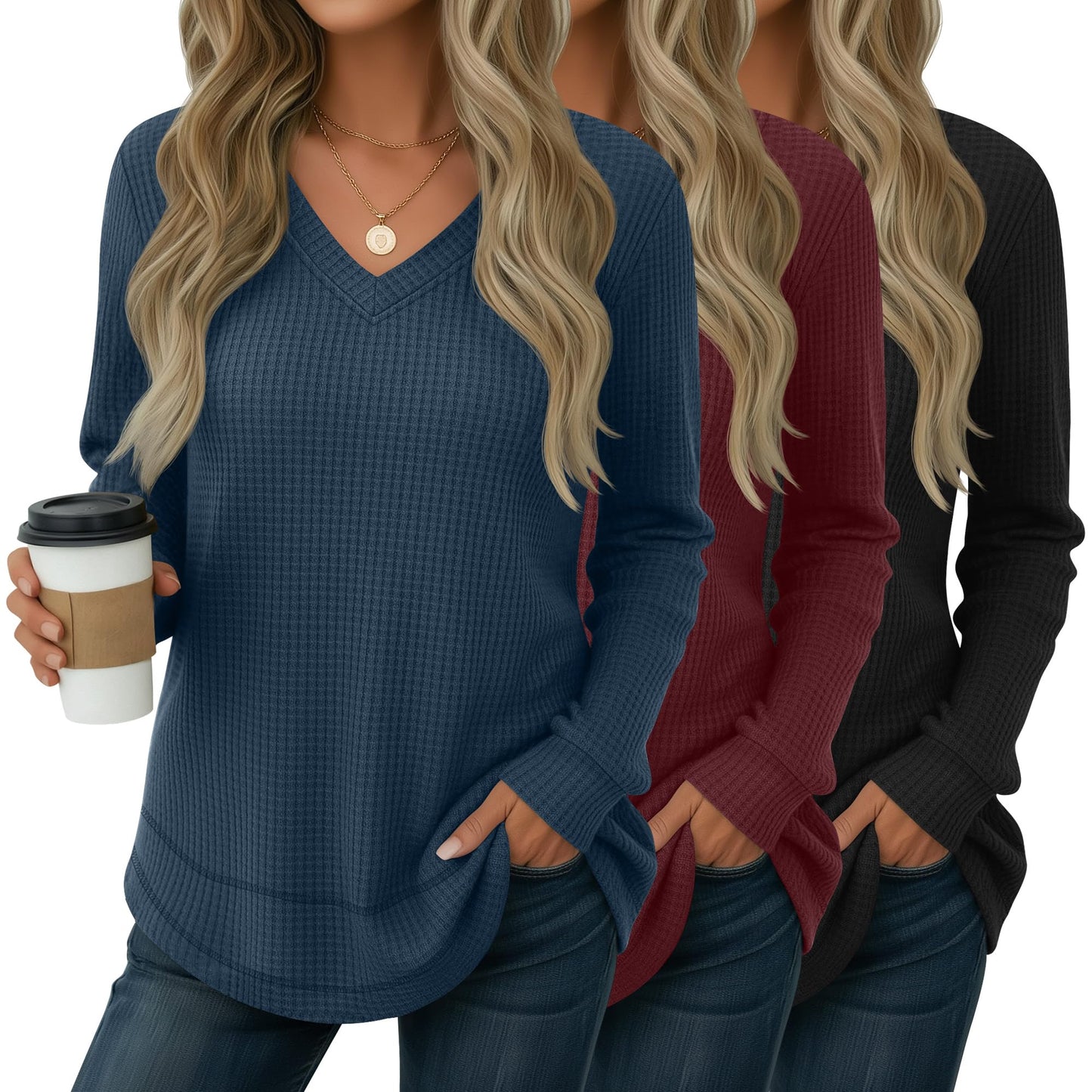 3 Pack Women's Waffle Knit Tunic Tops for Leggings Long Sleeve V Neck Sweatshirts Curved Hem Shirts 2026 Trendy
