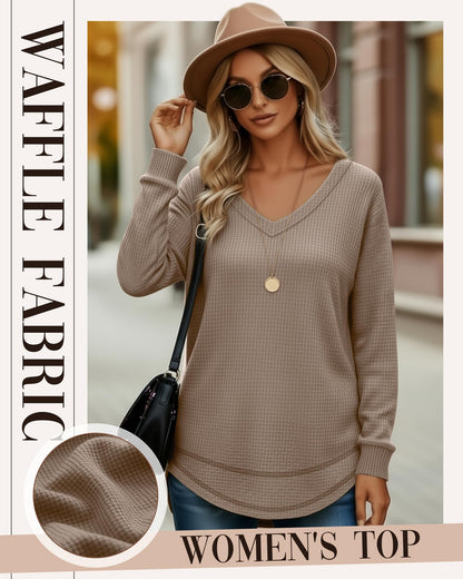 3 Pack Women's Waffle Knit Tunic Tops for Leggings Long Sleeve V Neck Sweatshirts Curved Hem Shirts 2026 Trendy