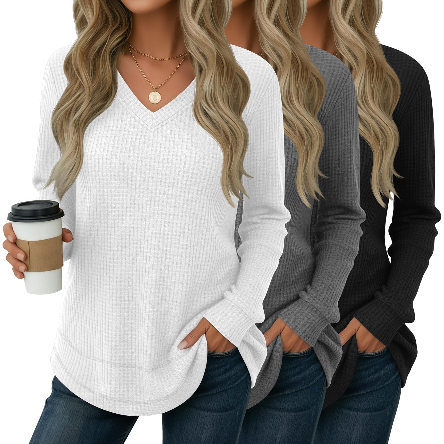 3 Pack Women's Waffle Knit Tunic Tops for Leggings Long Sleeve V Neck Sweatshirts Curved Hem Shirts 2026 Trendy