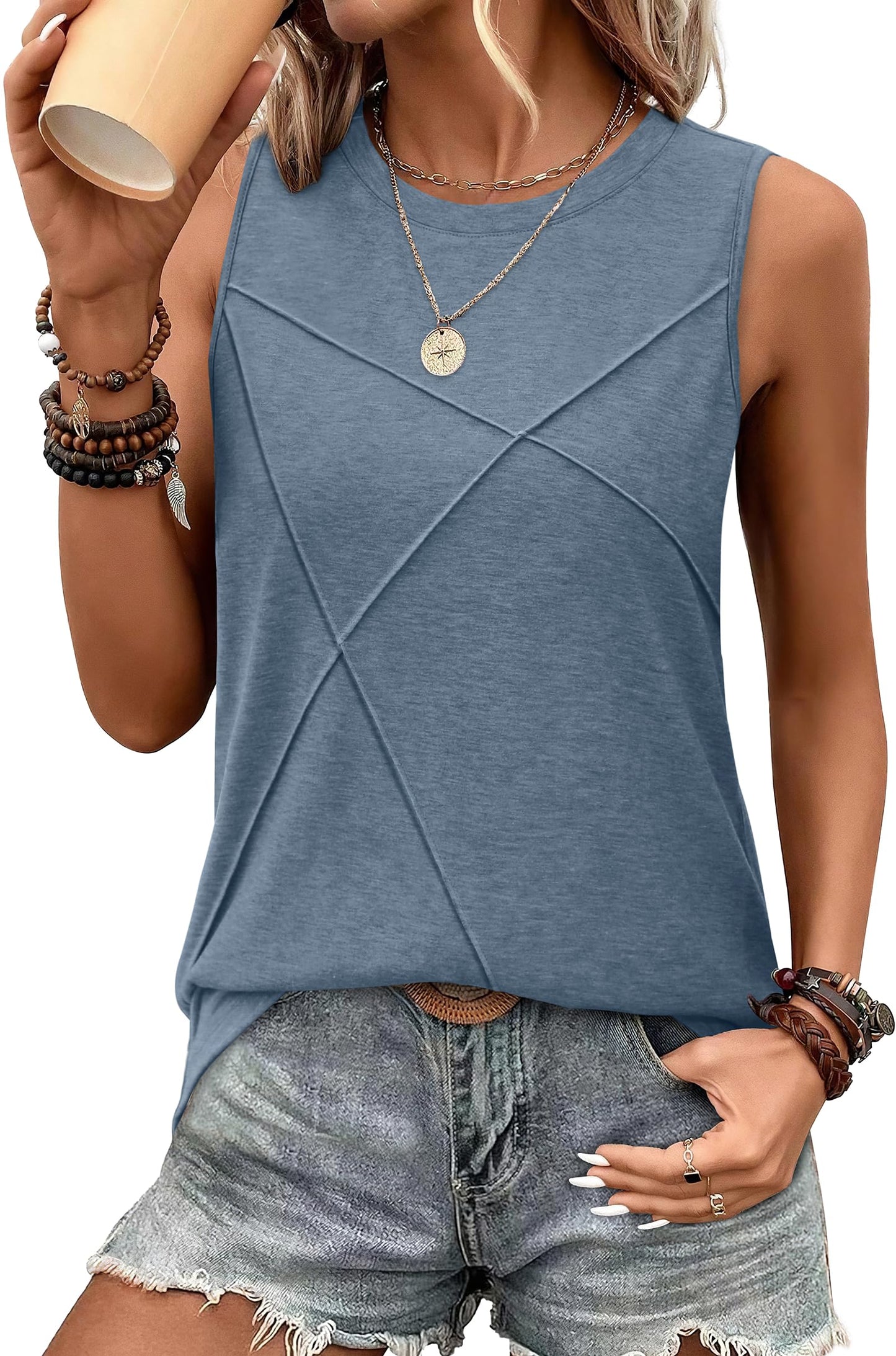 WIHOLL Women's Sleeveless Summer Crewneck Loose Fit Tank Tops