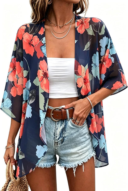 Women's Floral Print Puff Sleeve Kimono Cardigan Loose Cover Up Casual Blouse Tops 2026