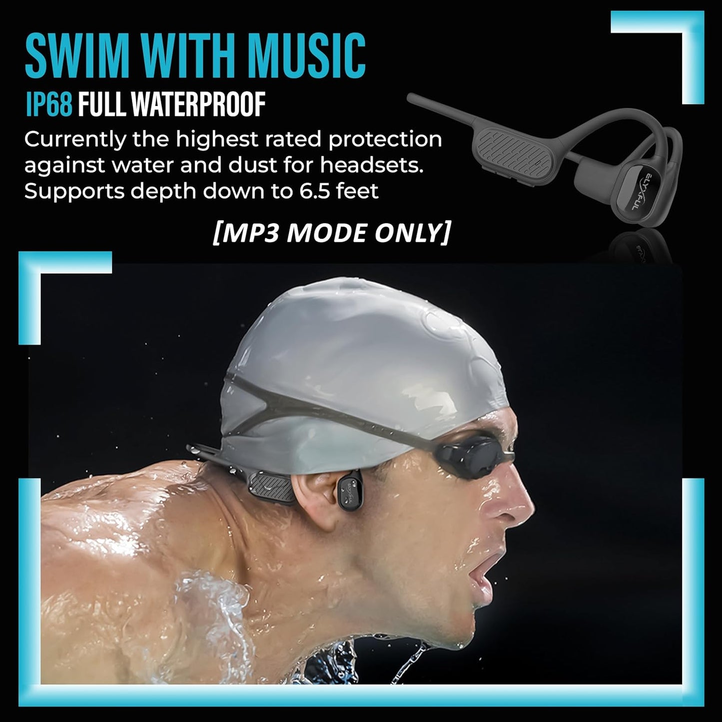 Bone Conduction Swimming Headphones, IP68 Waterproof Bluetooth & 64GB MP3 Player, Open-Ear Water Headphones for Swimming with Mic, Secure Fit, Great for Running, Cycling, and Workouts