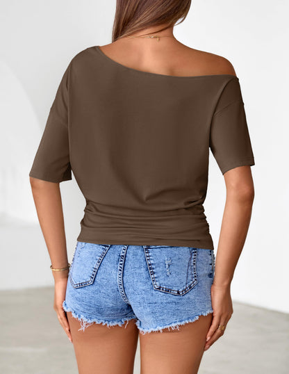 MEROKEETY Women's Off The Shoulder Short Sleeve Tops 2026 Summer Casual Going Out Trendy Y2k T Shirts