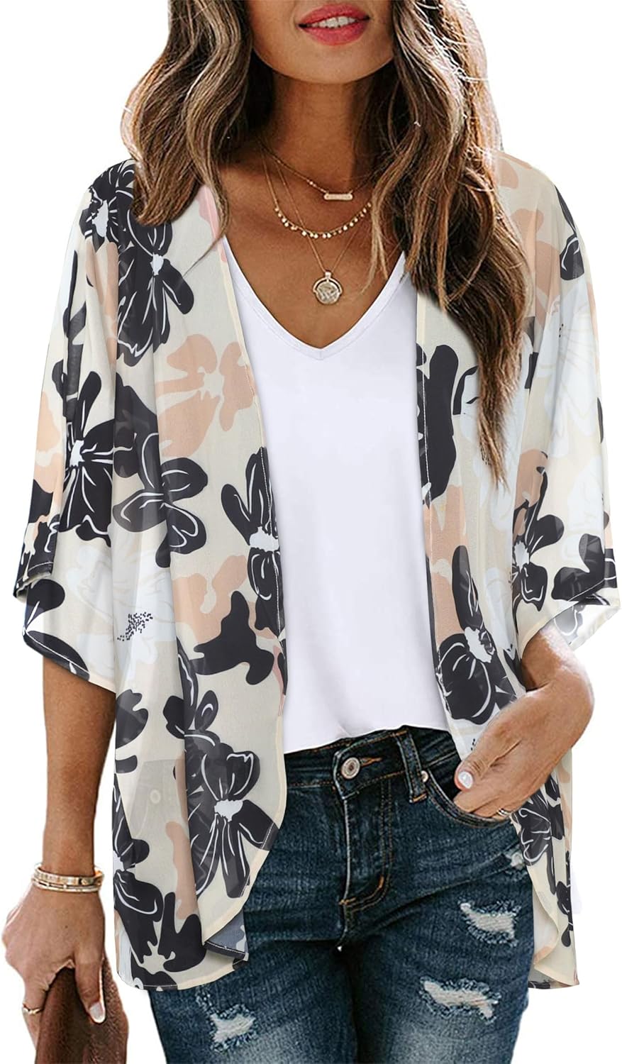 Women's Floral Print Puff Sleeve Kimono Cardigan Loose Cover Up Casual Blouse Tops 2026