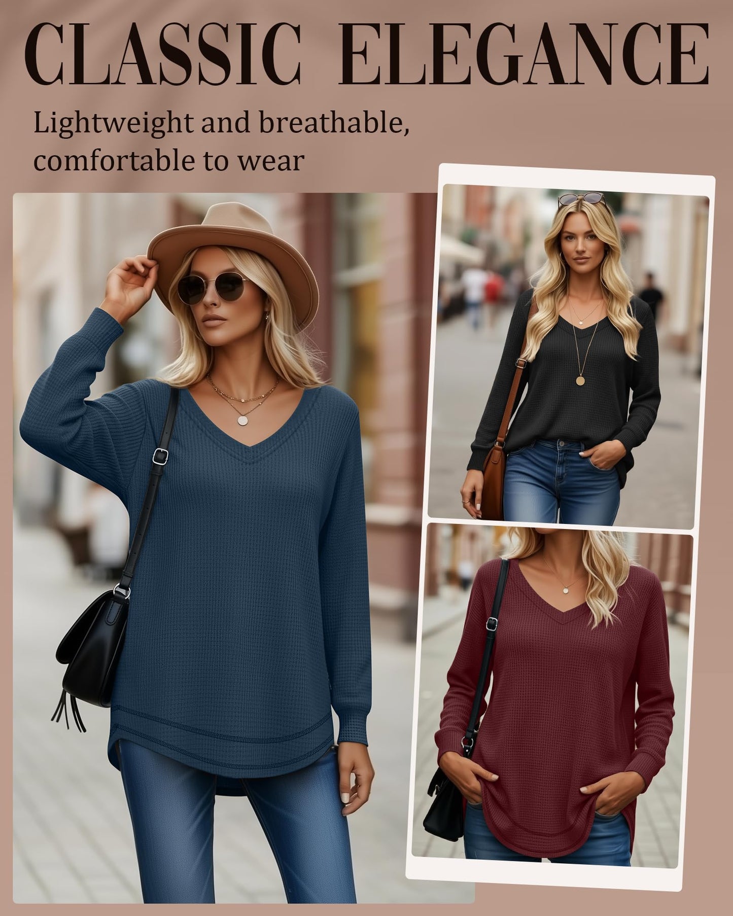 3 Pack Women's Waffle Knit Tunic Tops for Leggings Long Sleeve V Neck Sweatshirts Curved Hem Shirts 2026 Trendy