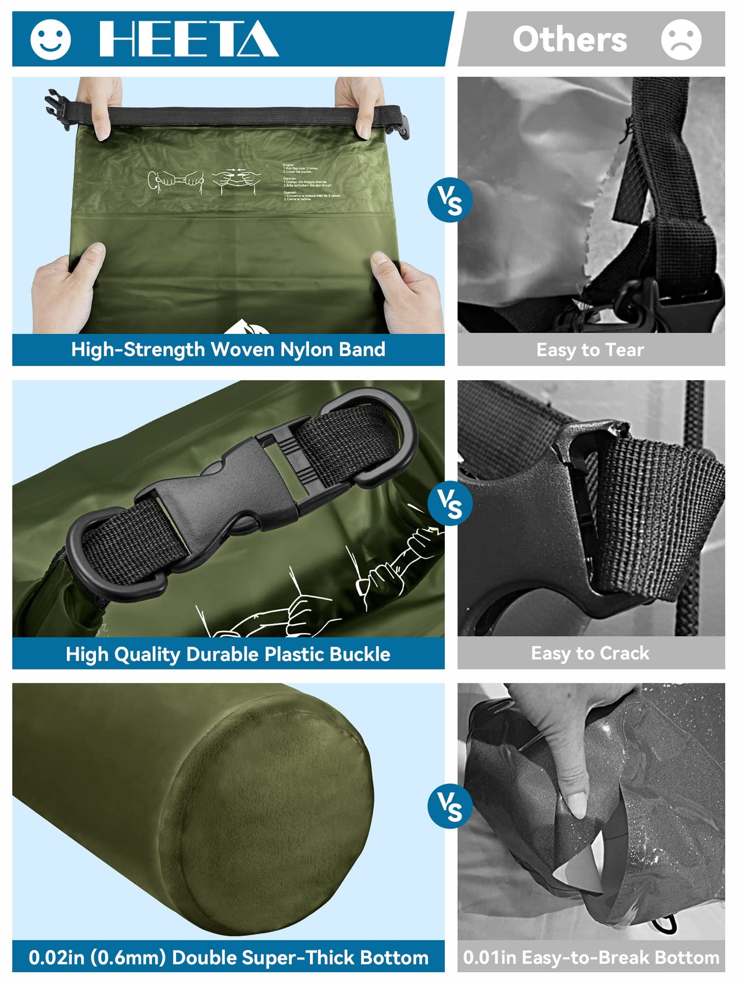 HEETA Dry Bag Waterproof for Women Men, 5L/10L/20L/30L/40L Roll Top Lightweight Dry Storage Bag Backpack with Phone Case for Travel Swimming Boating Kayaking Paddle Board Camping Beach Accessories