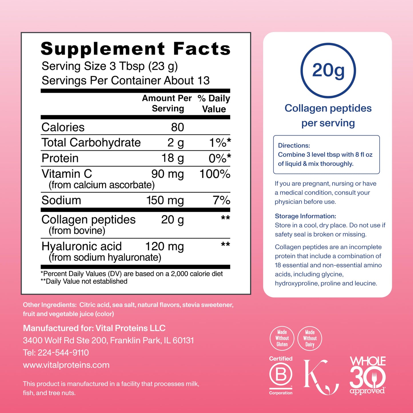 Vital Proteins Collagen Peptides Powder Advanced with Hyaluronic Acid & Vitamin C, 20oz Collagen Protein, Unflavored, 27 Servings