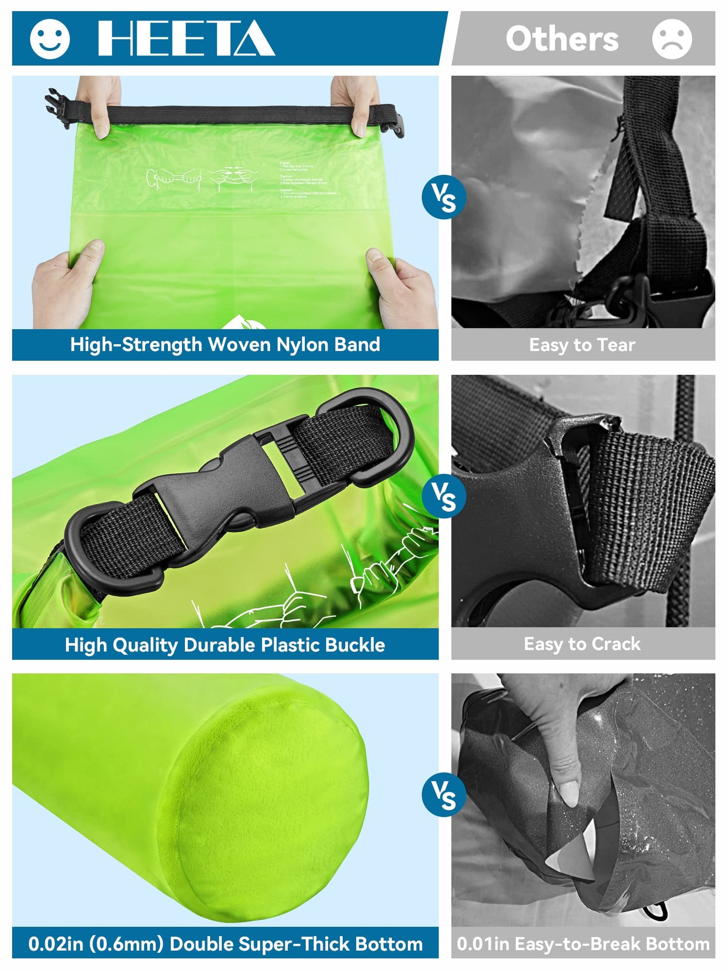 HEETA Dry Bag Waterproof for Women Men, 5L/10L/20L/30L/40L Roll Top Lightweight Dry Storage Bag Backpack with Phone Case for Travel Swimming Boating Kayaking Paddle Board Camping Beach Accessories