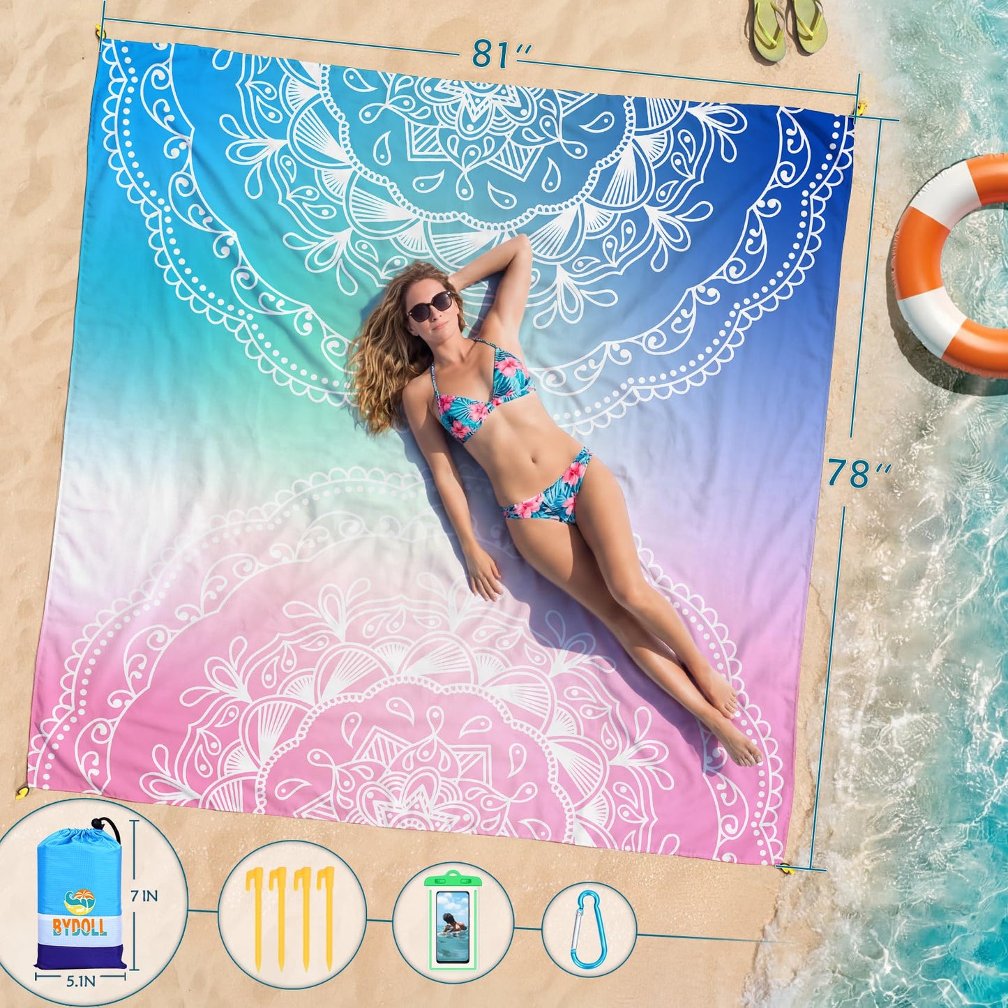 BYDOLL Beach Blanket Waterproof Sandproof Large Sand Free,78''X81''/10'X9' Oversized Sandless Lightweight Blanket Picnic Mat for Beach Travel Camping Hiking with Stakes
