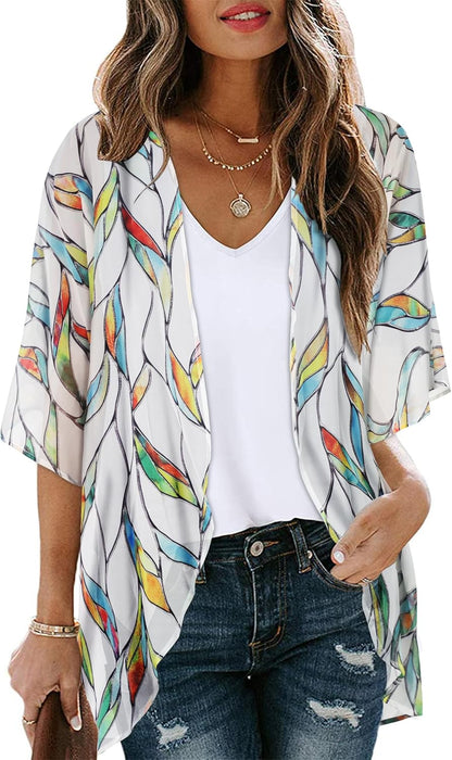 Women's Floral Print Puff Sleeve Kimono Cardigan Loose Cover Up Casual Blouse Tops 2026