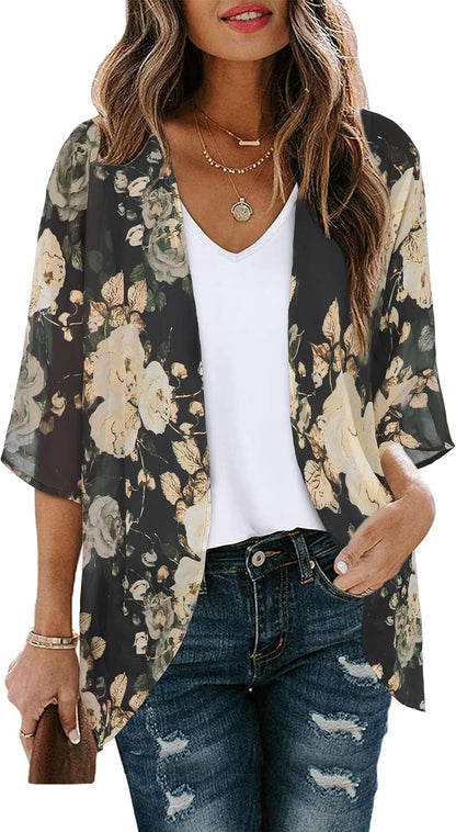 Women's Floral Print Puff Sleeve Kimono Cardigan Loose Cover Up Casual Blouse Tops 2026