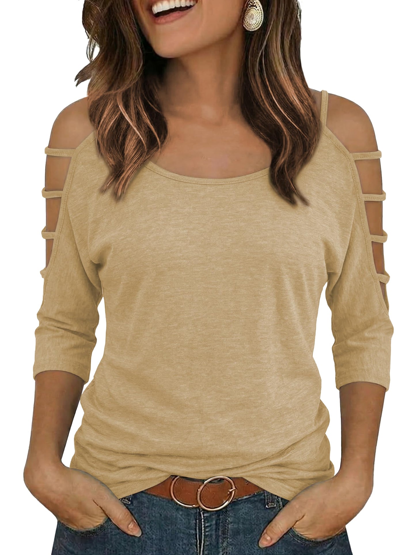 Jar of Love Women's Cold Shoulder Tops 3/4 Sleeve Sexy Going Out T-Shirts for Women Casual Tunic Tops