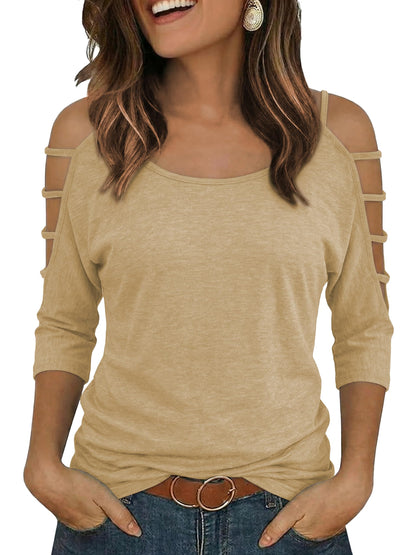 Jar of Love Women's Cold Shoulder Tops 3/4 Sleeve Sexy Going Out T-Shirts for Women Casual Tunic Tops