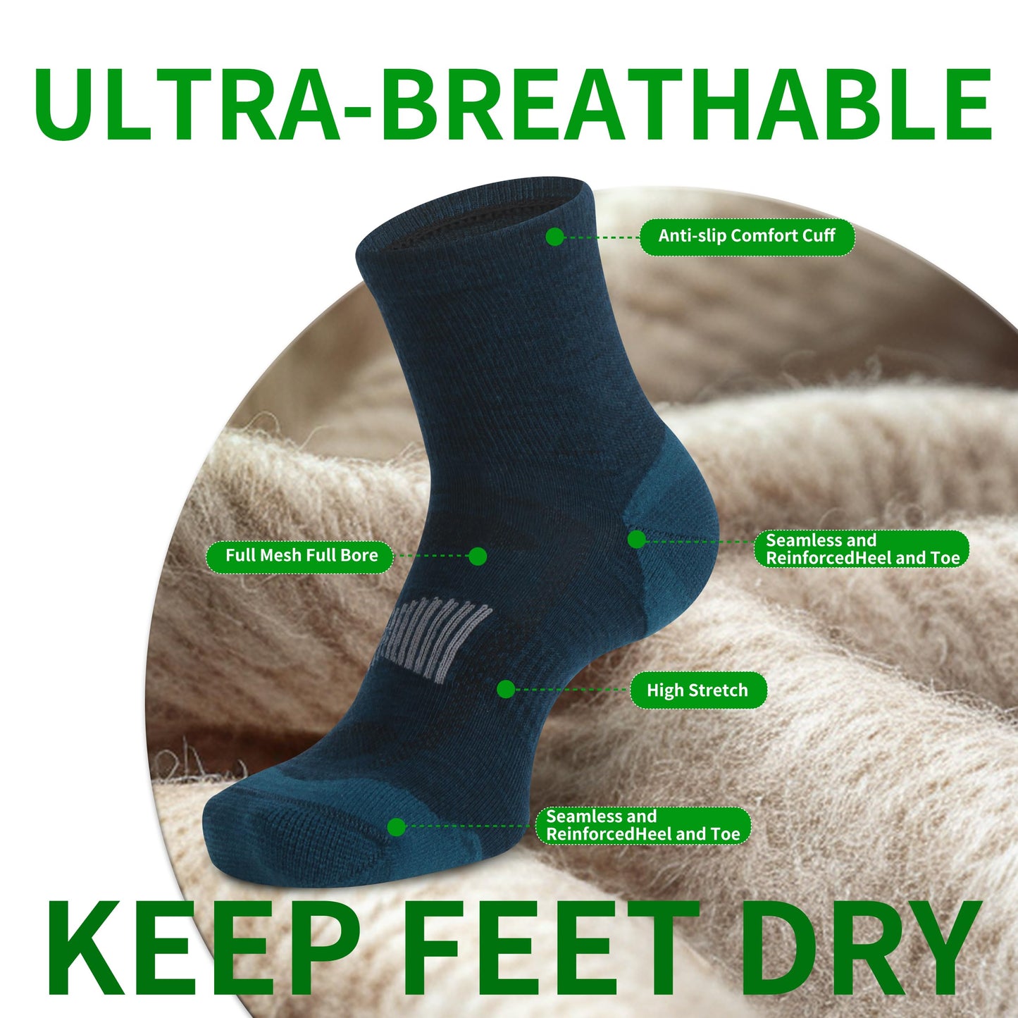 90% Merino Wool Socks for Men and Women,Casual Breathable Soft,3 Pairs
