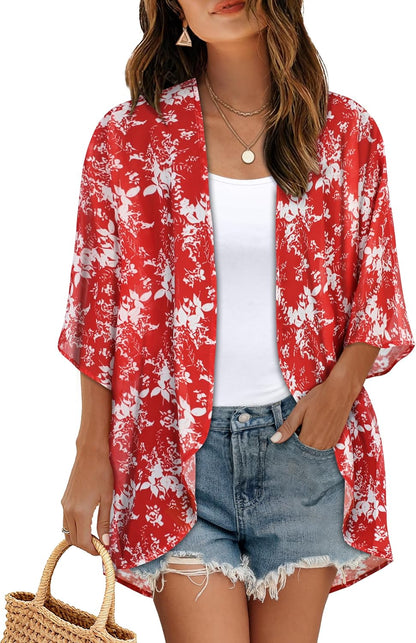 Women's Floral Print Puff Sleeve Kimono Cardigan Loose Cover Up Casual Blouse Tops 2026
