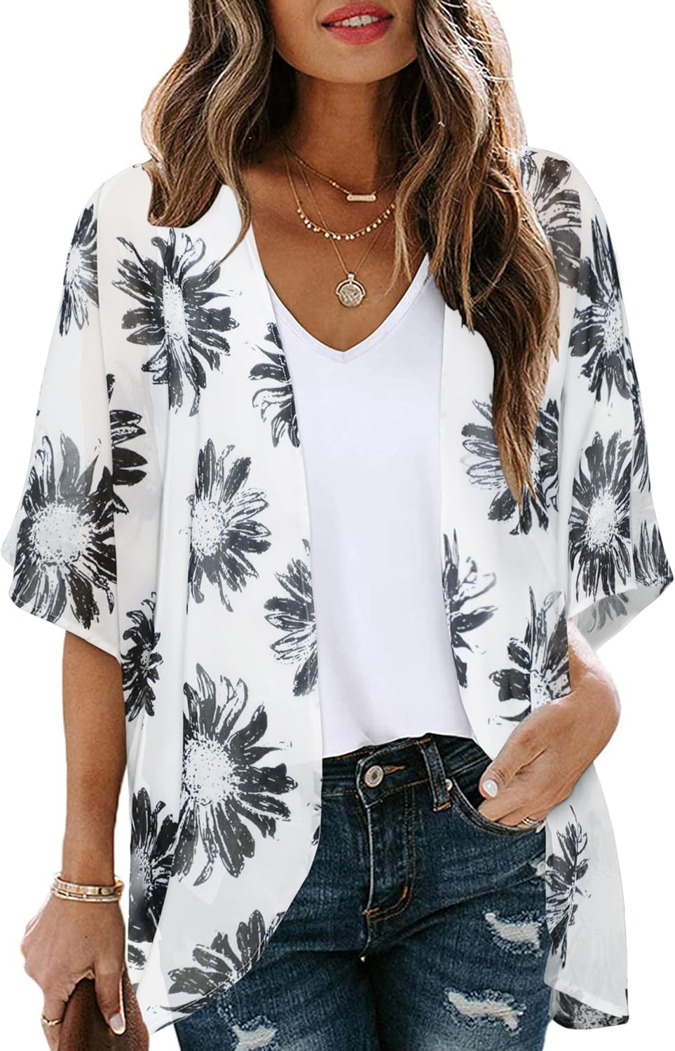Women's Floral Print Puff Sleeve Kimono Cardigan Loose Cover Up Casual Blouse Tops 2026