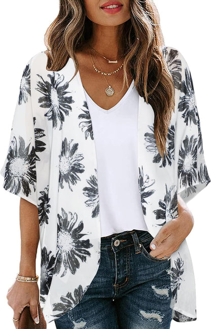 Women's Floral Print Puff Sleeve Kimono Cardigan Loose Cover Up Casual Blouse Tops 2026