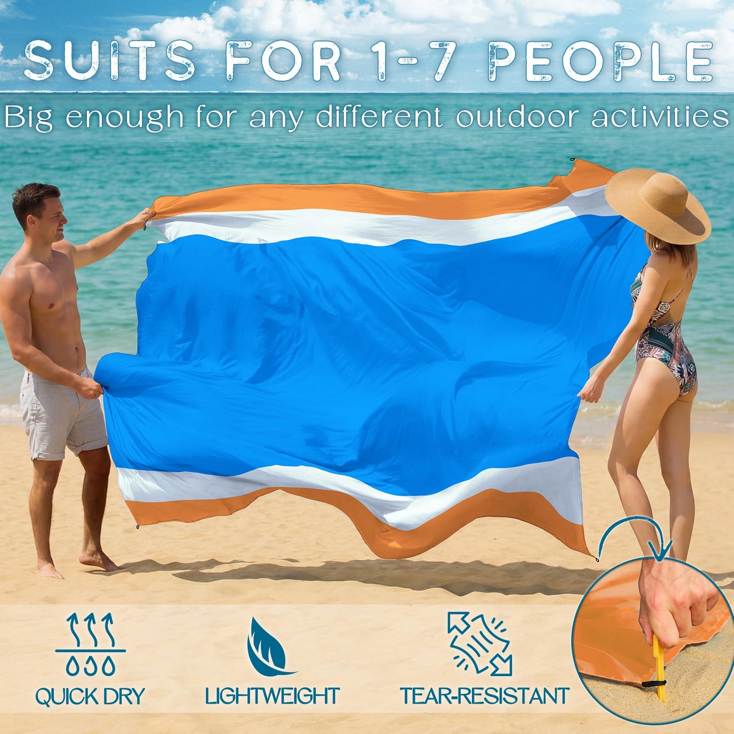 BYDOLL Beach Blanket Waterproof Sandproof Large Sand Free,78''X81''/10'X9' Oversized Sandless Lightweight Blanket Picnic Mat for Beach Travel Camping Hiking with Stakes