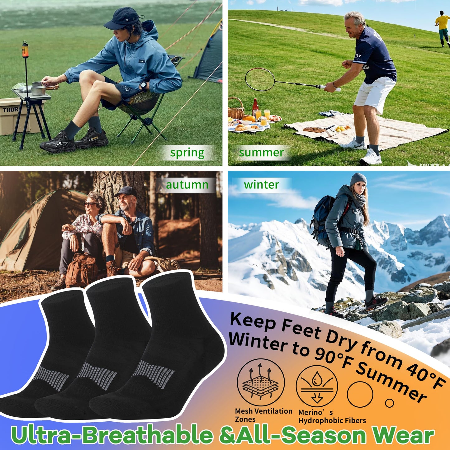 90% Merino Wool Socks for Men and Women,Casual Breathable Soft,3 Pairs