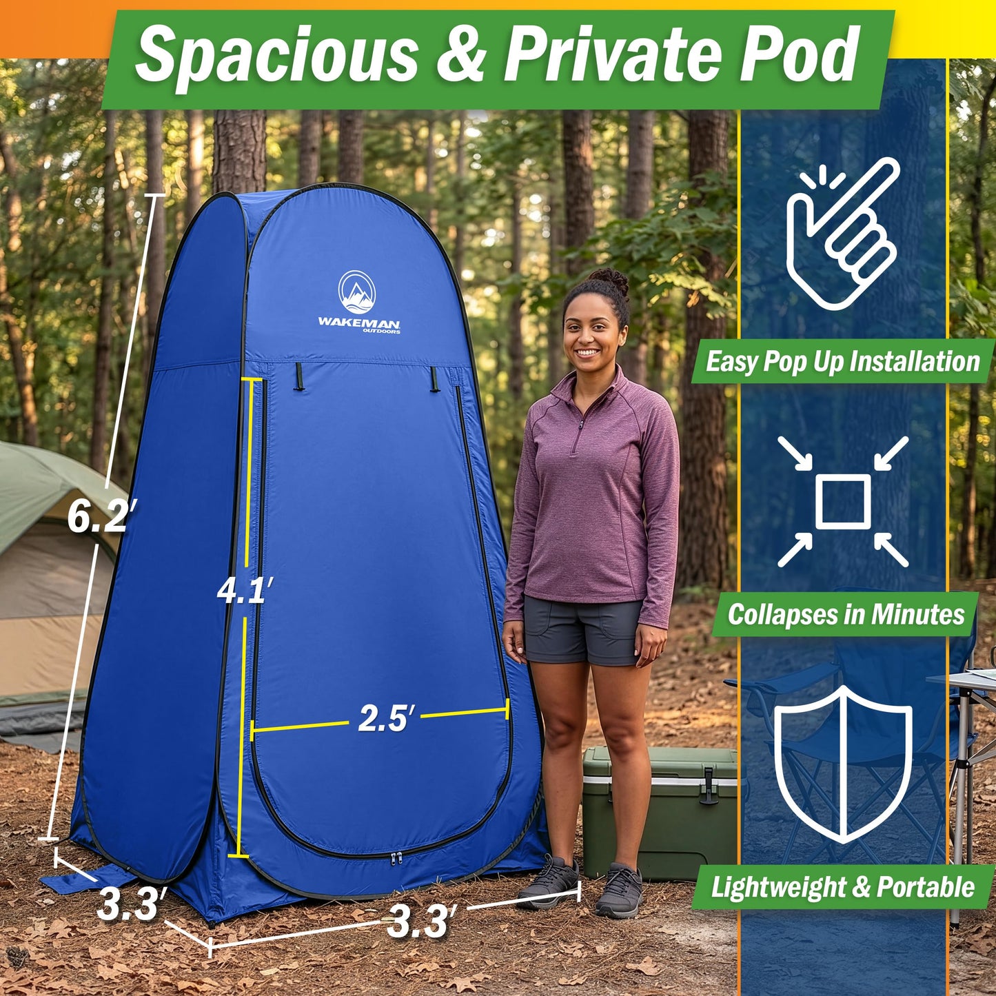 Wakeman Pop Up Changing Tent, 3.3 x 3.3 x 6.2ft, Camping Shower Tent for Portable Toilet Stall or Dressing Room with Carry Bag for Camping, Beach, or Tailgate, Polyester
