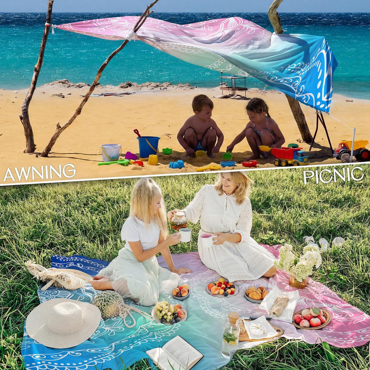 BYDOLL Beach Blanket Waterproof Sandproof Large Sand Free,78''X81''/10'X9' Oversized Sandless Lightweight Blanket Picnic Mat for Beach Travel Camping Hiking with Stakes