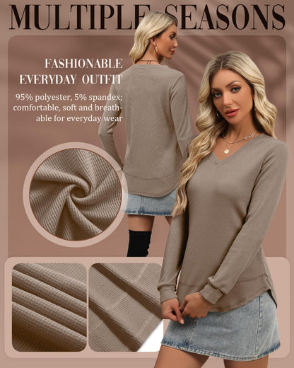 3 Pack Women's Waffle Knit Tunic Tops for Leggings Long Sleeve V Neck Sweatshirts Curved Hem Shirts 2026 Trendy