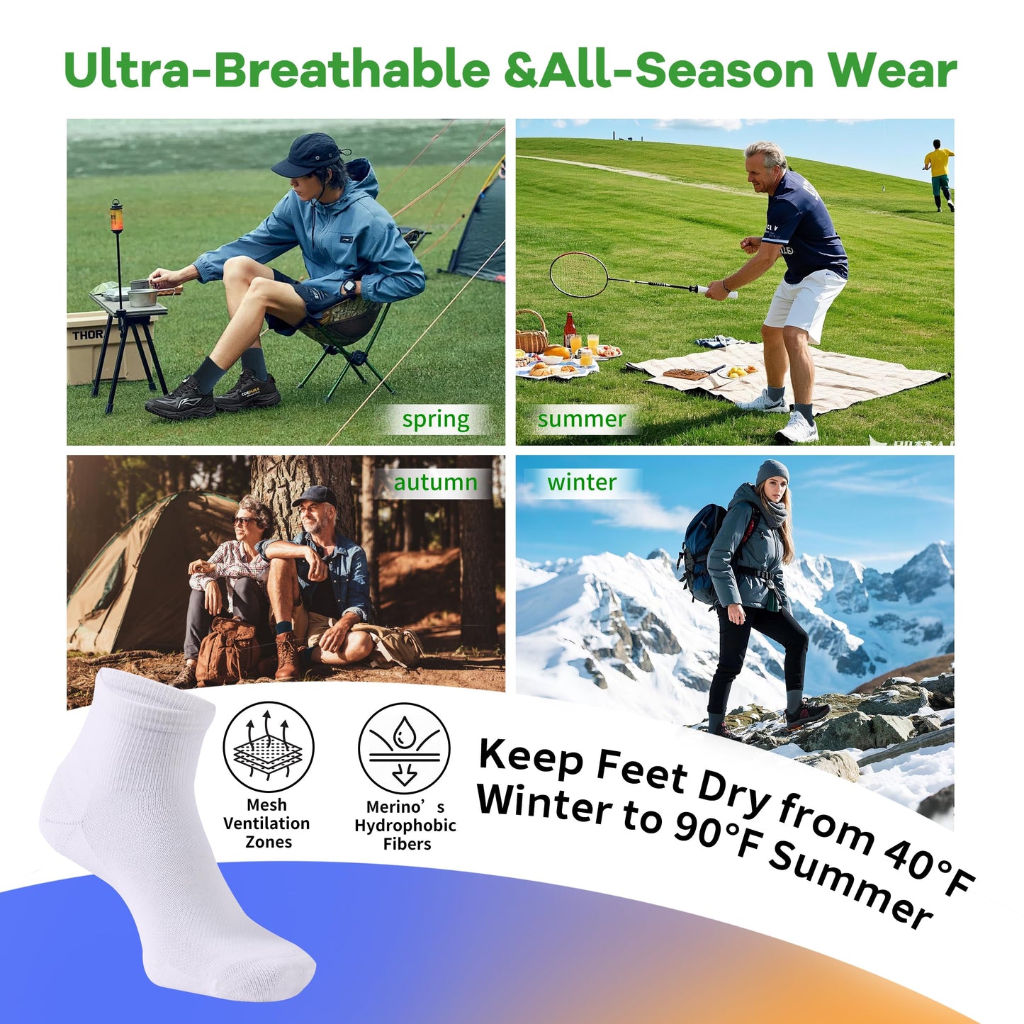 90% Merino Wool Socks for Men and Women,Casual Breathable Soft,3 Pairs