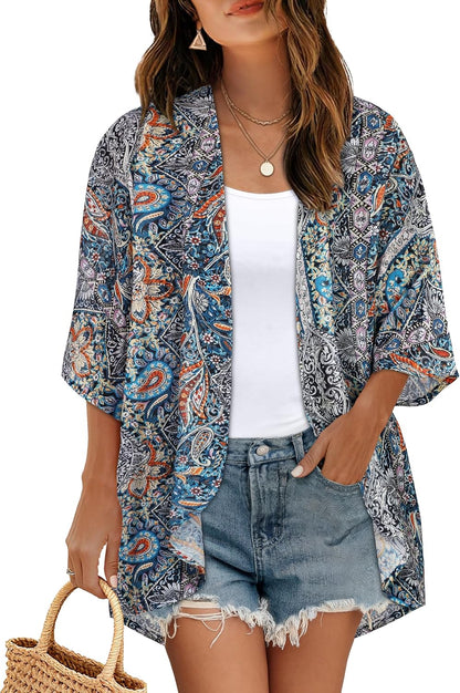 Women's Floral Print Puff Sleeve Kimono Cardigan Loose Cover Up Casual Blouse Tops 2026