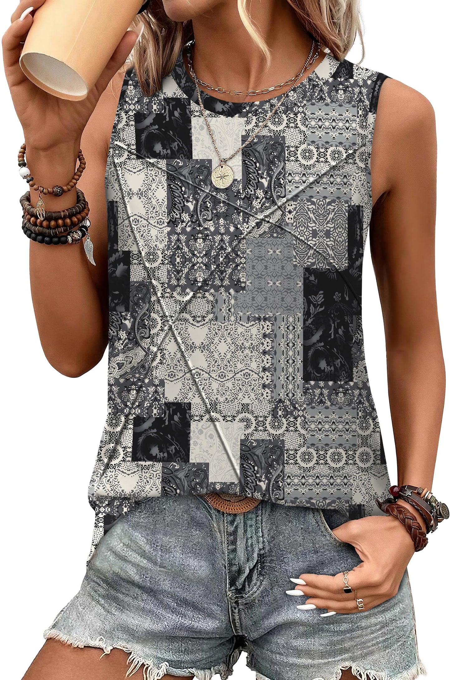 WIHOLL Women's Sleeveless Summer Crewneck Loose Fit Tank Tops