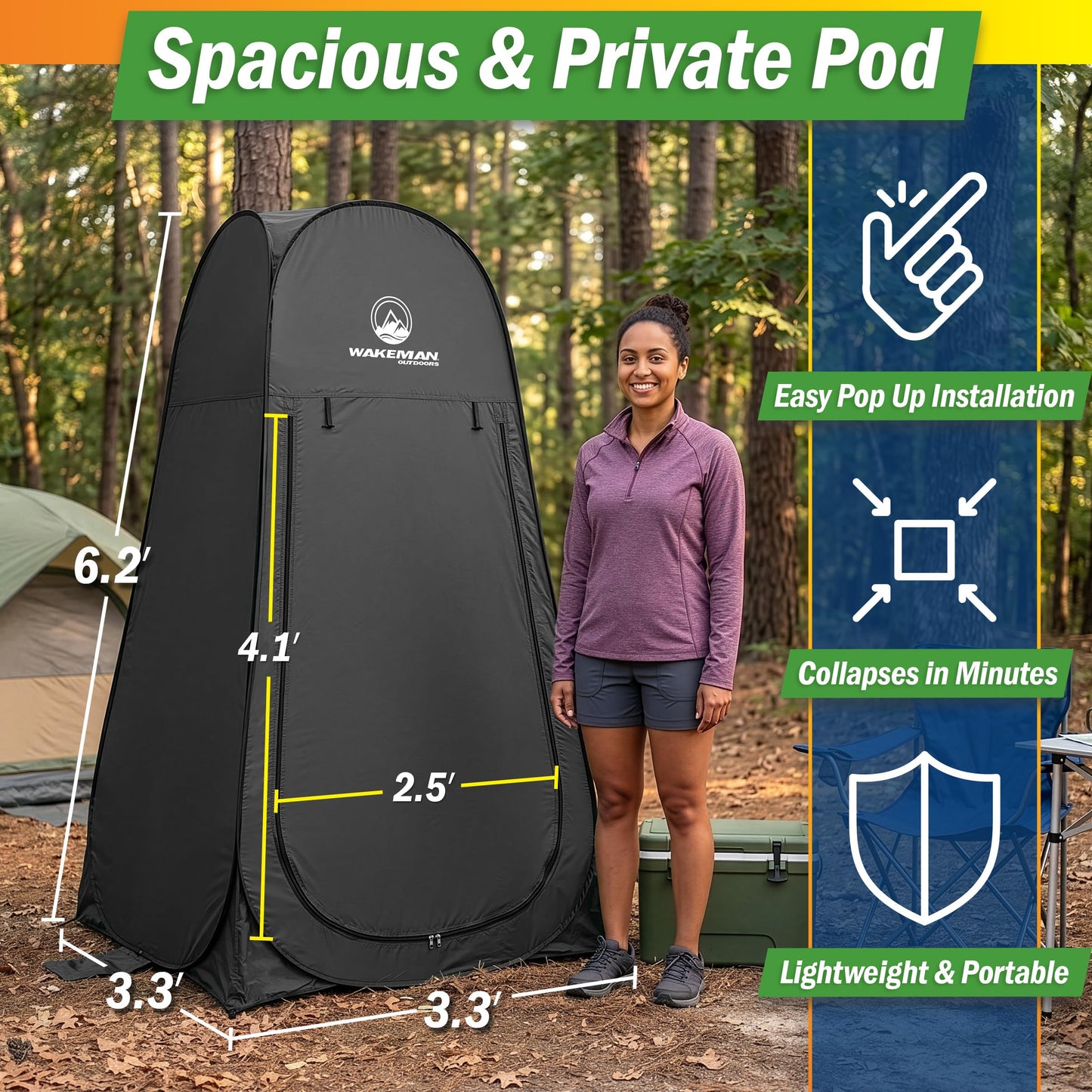 Wakeman Pop Up Changing Tent, 3.3 x 3.3 x 6.2ft, Camping Shower Tent for Portable Toilet Stall or Dressing Room with Carry Bag for Camping, Beach, or Tailgate, Polyester