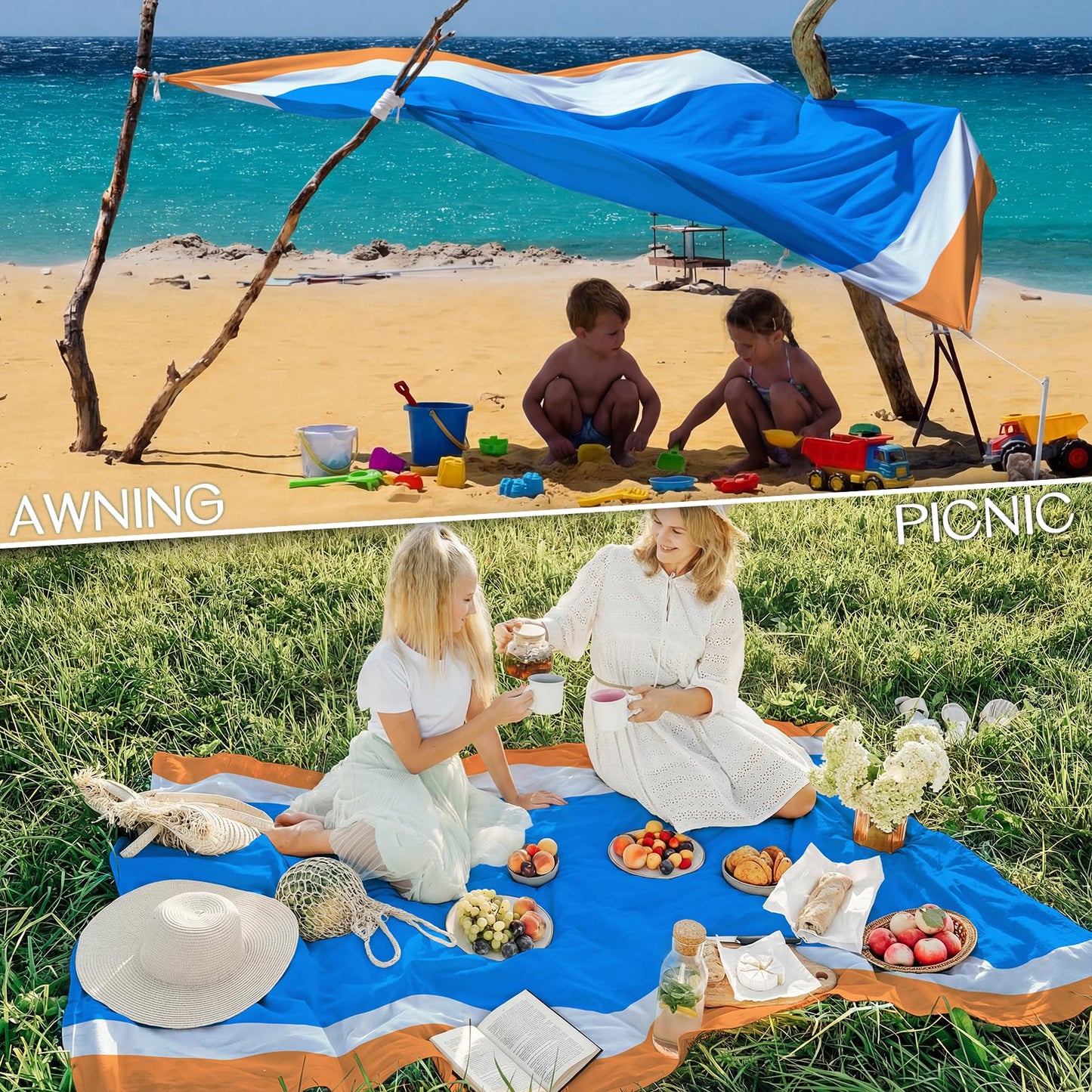 BYDOLL Beach Blanket Waterproof Sandproof Large Sand Free,78''X81''/10'X9' Oversized Sandless Lightweight Blanket Picnic Mat for Beach Travel Camping Hiking with Stakes