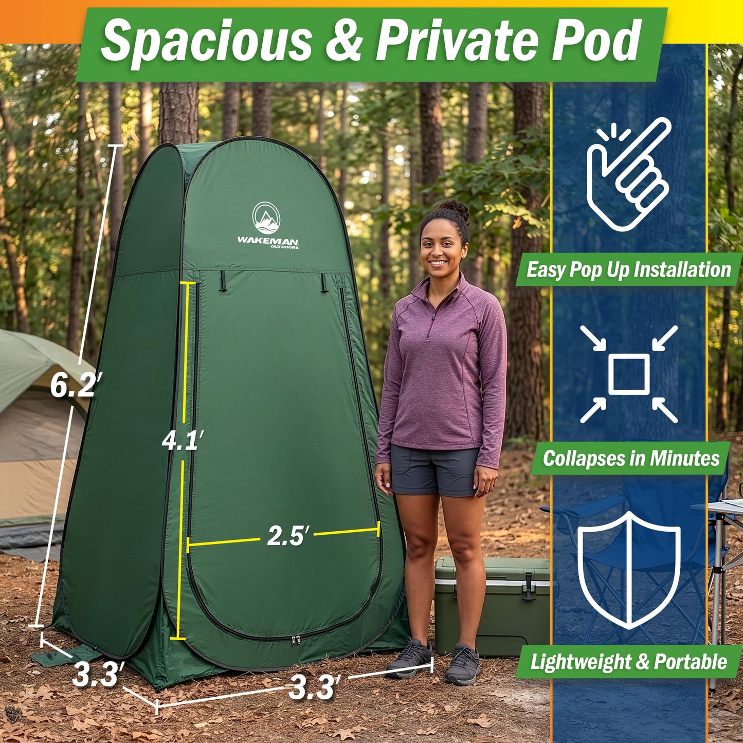 Wakeman Pop Up Changing Tent, 3.3 x 3.3 x 6.2ft, Camping Shower Tent for Portable Toilet Stall or Dressing Room with Carry Bag for Camping, Beach, or Tailgate, Polyester