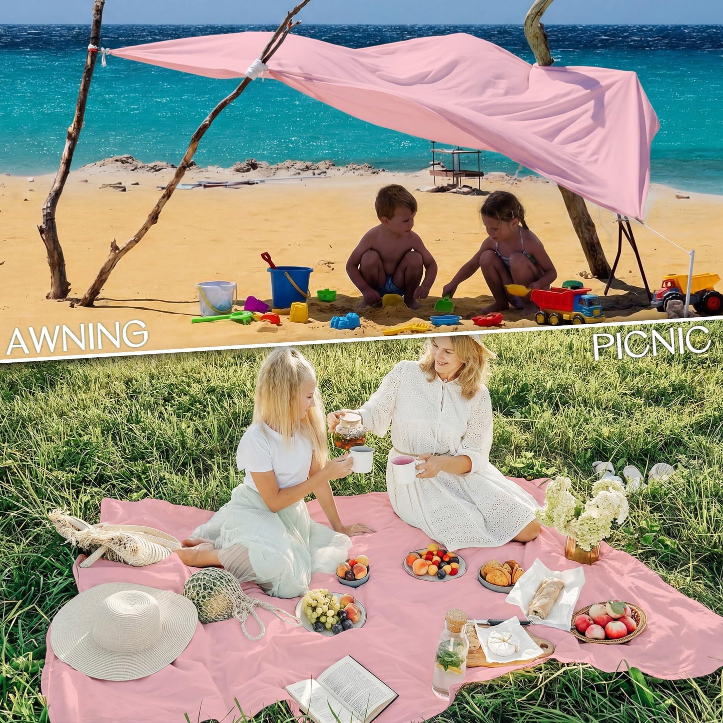 BYDOLL Beach Blanket Waterproof Sandproof Large Sand Free,78''X81''/10'X9' Oversized Sandless Lightweight Blanket Picnic Mat for Beach Travel Camping Hiking with Stakes