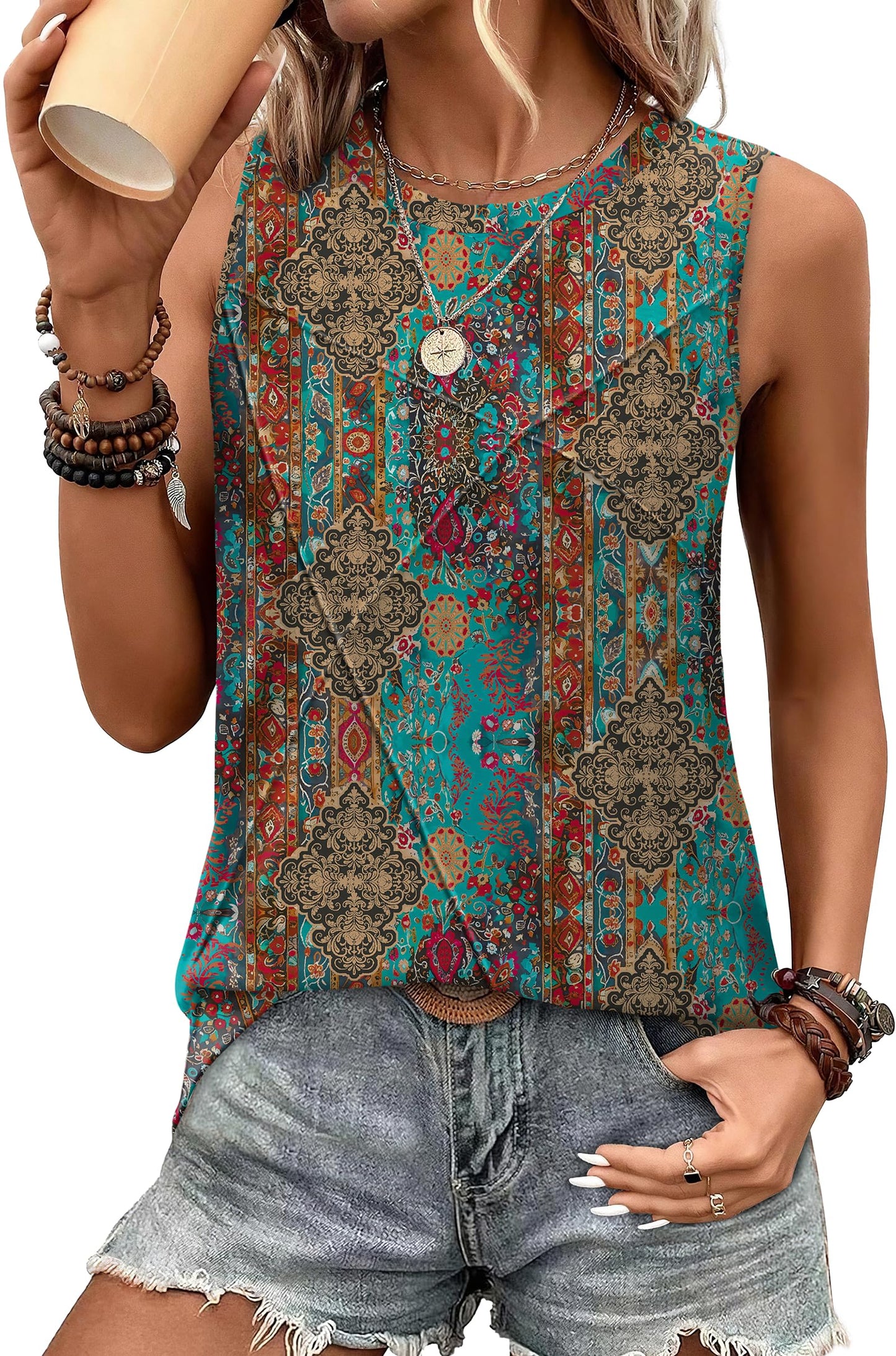 WIHOLL Women's Sleeveless Summer Crewneck Loose Fit Tank Tops