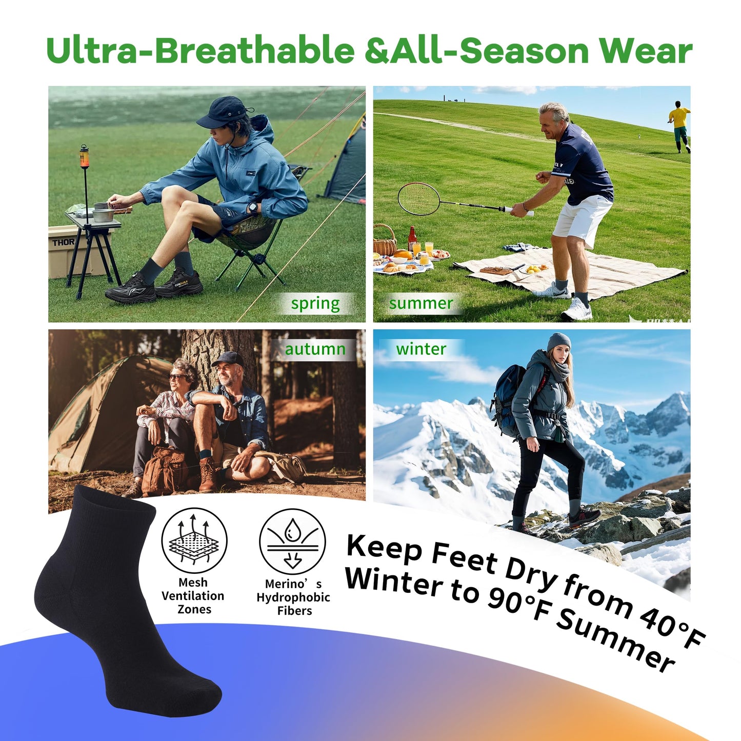 90% Merino Wool Socks for Men and Women,Casual Breathable Soft,3 Pairs
