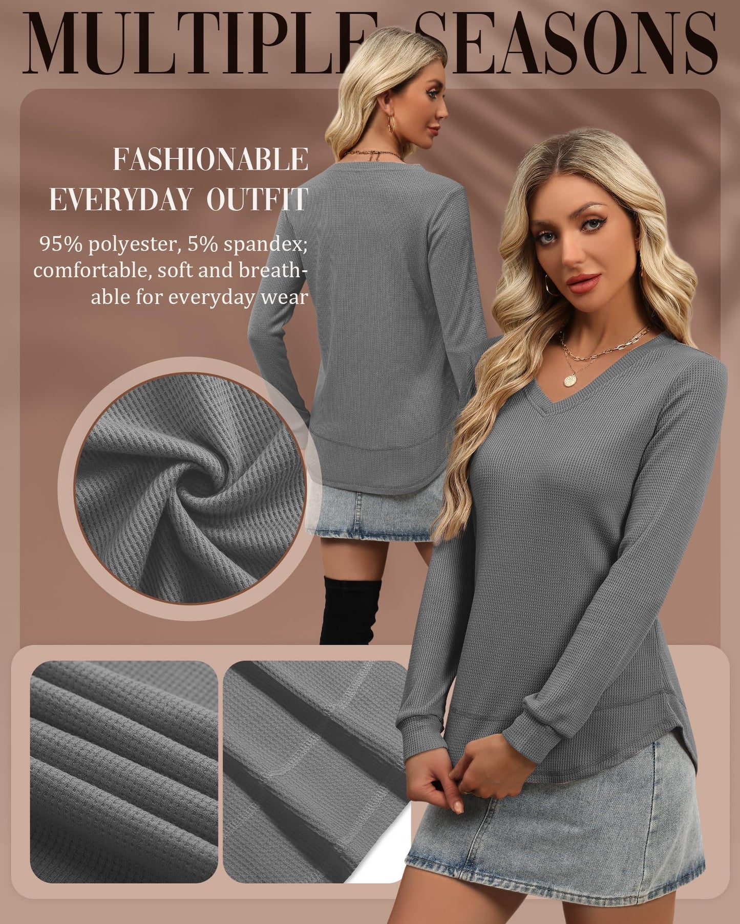 3 Pack Women's Waffle Knit Tunic Tops for Leggings Long Sleeve V Neck Sweatshirts Curved Hem Shirts 2026 Trendy