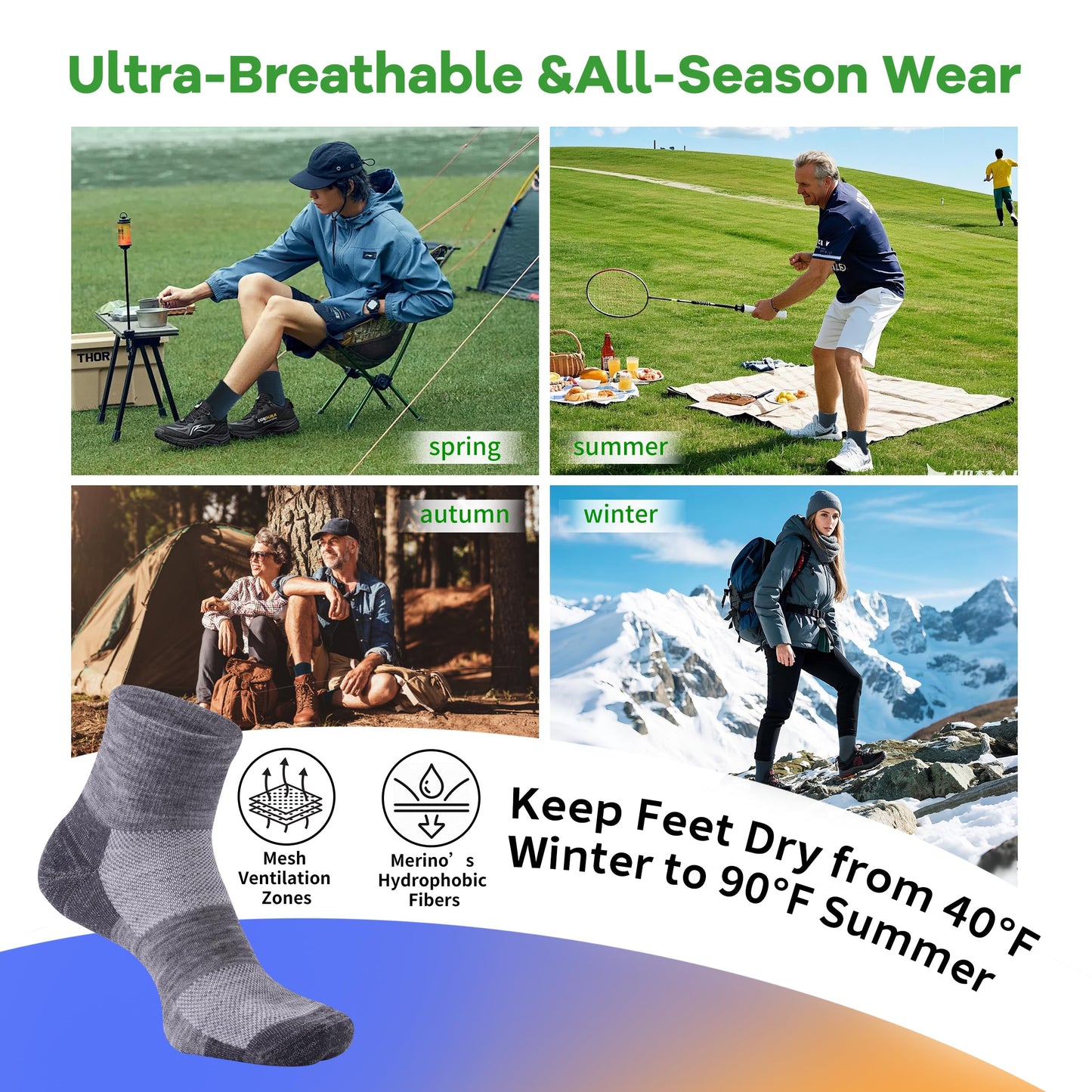 90% Merino Wool Socks for Men and Women,Casual Breathable Soft,3 Pairs