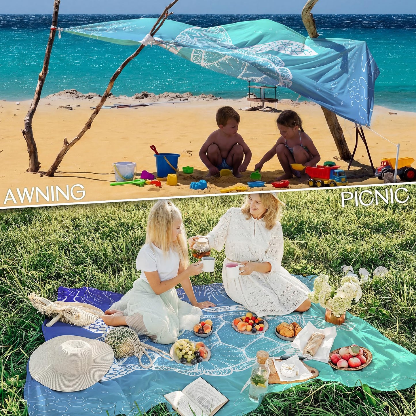 BYDOLL Beach Blanket Waterproof Sandproof Large Sand Free,78''X81''/10'X9' Oversized Sandless Lightweight Blanket Picnic Mat for Beach Travel Camping Hiking with Stakes