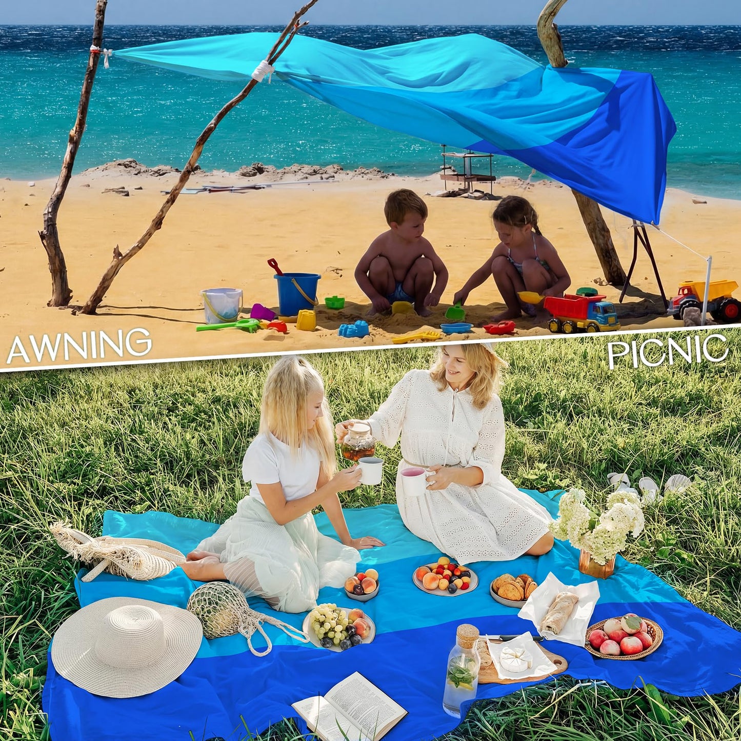 BYDOLL Beach Blanket Waterproof Sandproof Large Sand Free,78''X81''/10'X9' Oversized Sandless Lightweight Blanket Picnic Mat for Beach Travel Camping Hiking with Stakes