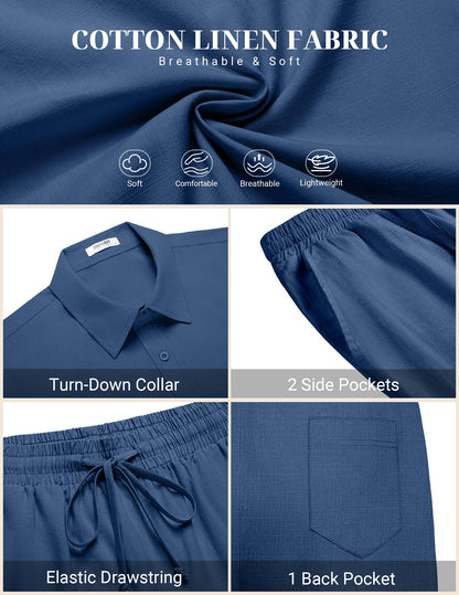 COOFANDY Men's 2 Pieces Cotton Linen Set Short Sleeve Button Down Shirts Summer Beach Shorts Casual Outfits