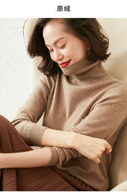 Autumn Winter 100% Cashmere Pullover Turtleneck Solid Sweater Casual Women Shirt Long Sleeve Loose Knitted Jumper 17Colors